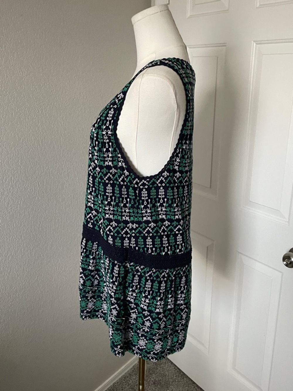 Anthropologie Navy Top with Green and White Floral Embroidery - Picture 4 of 5